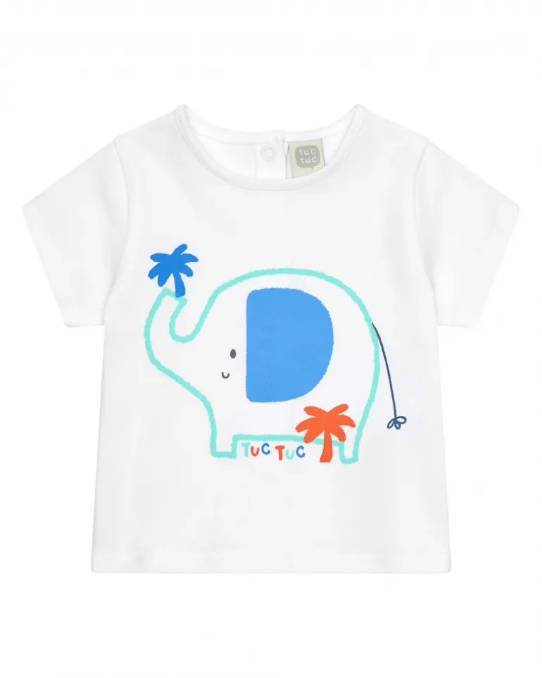 Ensemble pour garçon avec t-shirt blanc d'éléphant, veste bleue avec capuche et pantalon long bleu