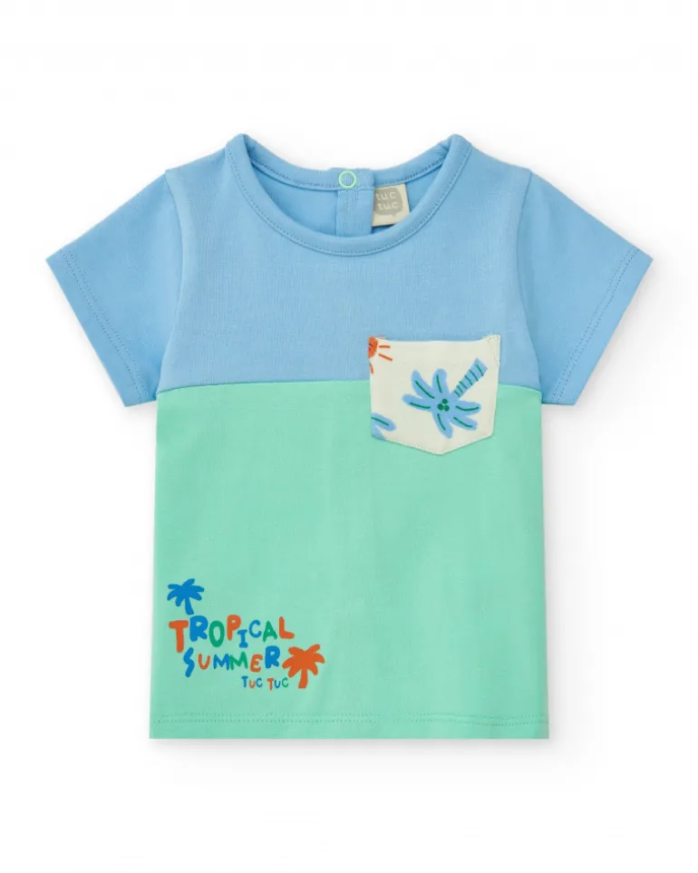 Ensemble pour garçon avec t-shirt bleu et vert et shorts blancs imprimés de palmiers et soleils