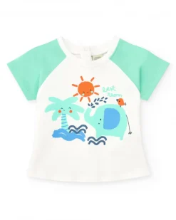 Ensemble pour garçon avec t-shirt blanc à imprimé tropical et shorts verts avec détails bleus
