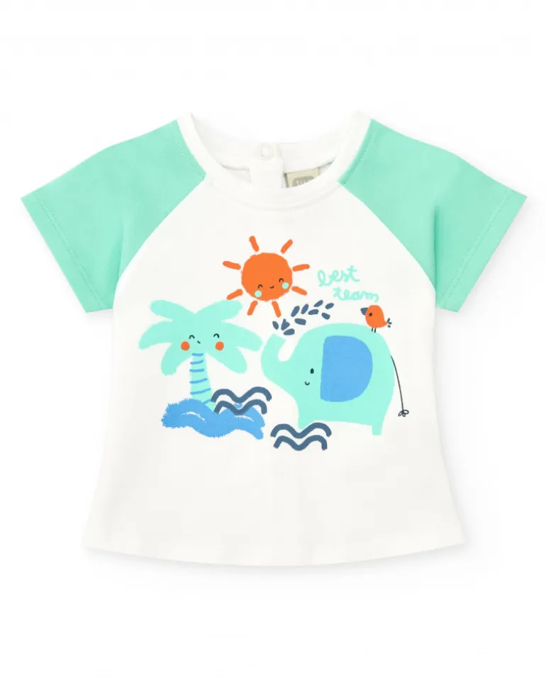 Ensemble pour garçon avec t-shirt blanc à imprimé tropical et shorts verts avec détails bleus