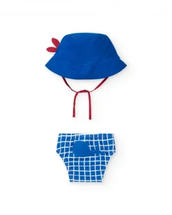 Ensemble pour garçon avec bonnet bleu brodé et culotte à carreaux blancs