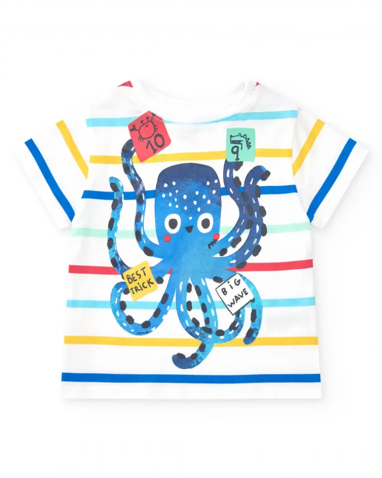 Ensemble pour garçon avec t-shirt rayé et bermuda bleue ajustable