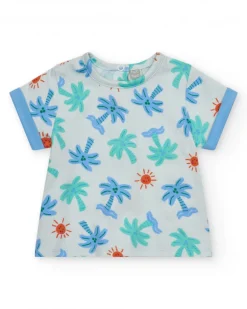 Ensemble pour garçon avec t-shirt blanc de palmiers et soleils et pantalon court bleu
