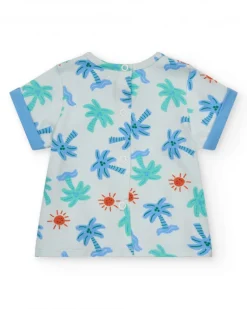 Ensemble pour garçon avec t-shirt blanc de palmiers et soleils et pantalon court bleu