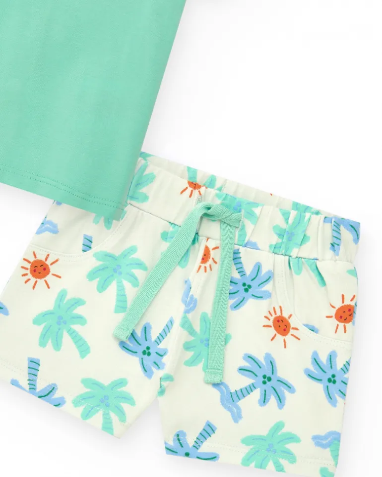 Ensemble pour garçon avec t-shirt bleu et vert et shorts blancs imprimés de palmiers et soleils