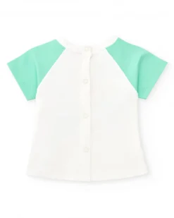 Ensemble pour garçon avec t-shirt blanc à imprimé tropical et shorts verts avec détails bleus