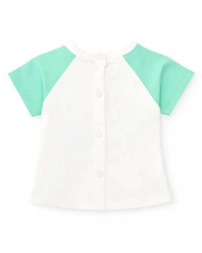 Ensemble pour garçon avec t-shirt blanc à imprimé tropical et shorts verts avec détails bleus