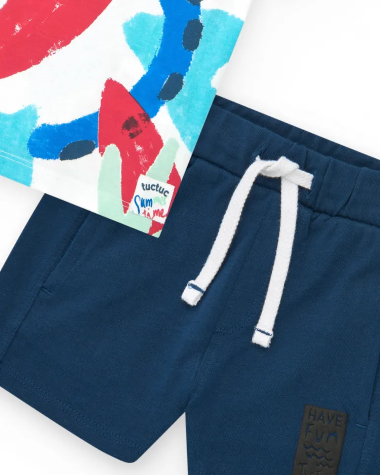 Ensemble pour garçon avec t-shirt imprimé et bermuda bleue ajustable