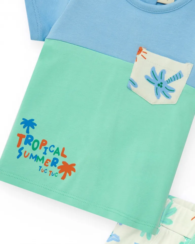 Ensemble pour garçon avec t-shirt bleu et vert et shorts blancs imprimés de palmiers et soleils