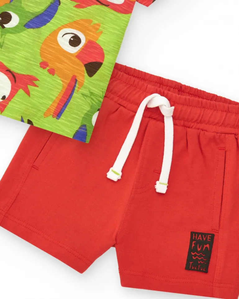 Ensemble pour garçon avec t-shirt perroquets et bermuda rouge