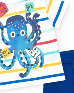 Ensemble pour garçon avec t-shirt rayé et bermuda bleue ajustable
