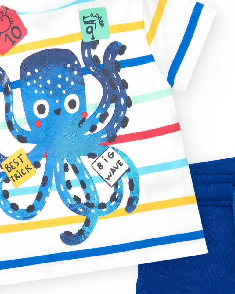Ensemble pour garçon avec t-shirt rayé et bermuda bleue ajustable