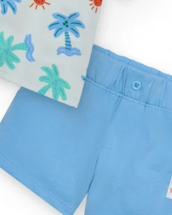 Ensemble pour garçon avec t-shirt blanc de palmiers et soleils et pantalon court bleu