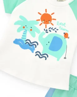 Ensemble pour garçon avec t-shirt blanc à imprimé tropical et shorts verts avec détails bleus
