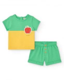 Ensemble pour garçon en vert et jaune avec t-shirt brodé de pomme et pantalon court