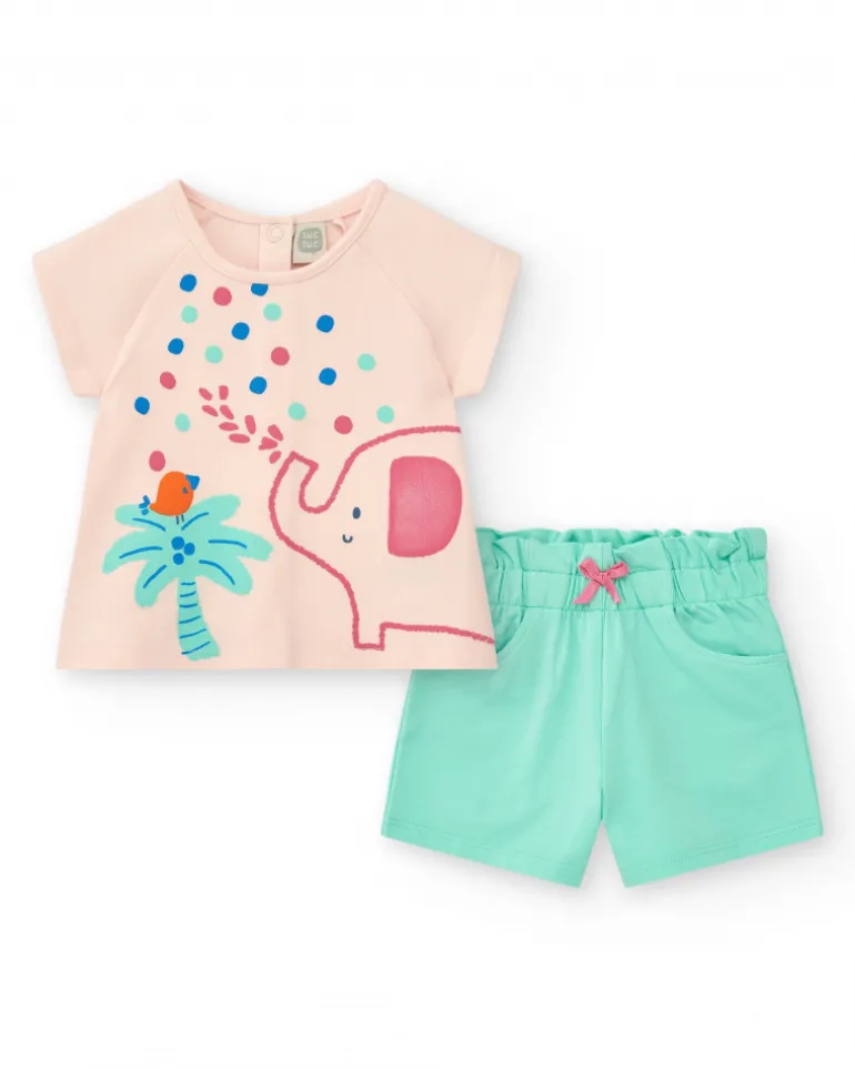 Ensemble rose pour fille avec t-shirt d'éléphant et pantalon court vert