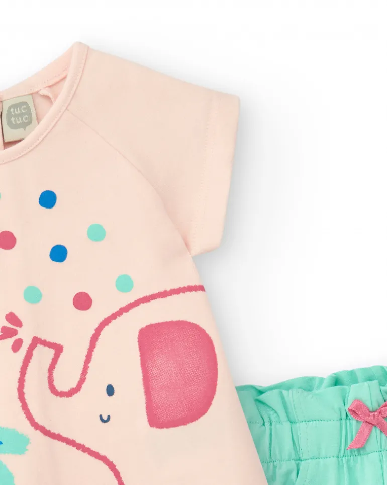 Ensemble rose pour fille avec t-shirt d'éléphant et pantalon court vert