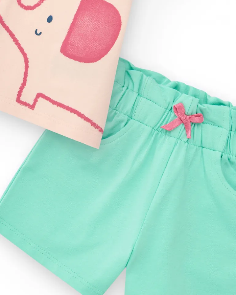 Ensemble rose pour fille avec t-shirt d'éléphant et pantalon court vert