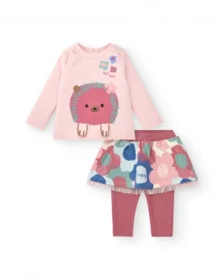Ensemble t-shirt et jupe avec leggings fille rose imprimé hérisson et fleurs Collection Hedgehog Forest