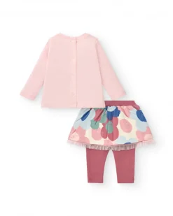 Ensemble t-shirt et jupe avec leggings fille rose imprimé hérisson et fleurs Collection Hedgehog Forest