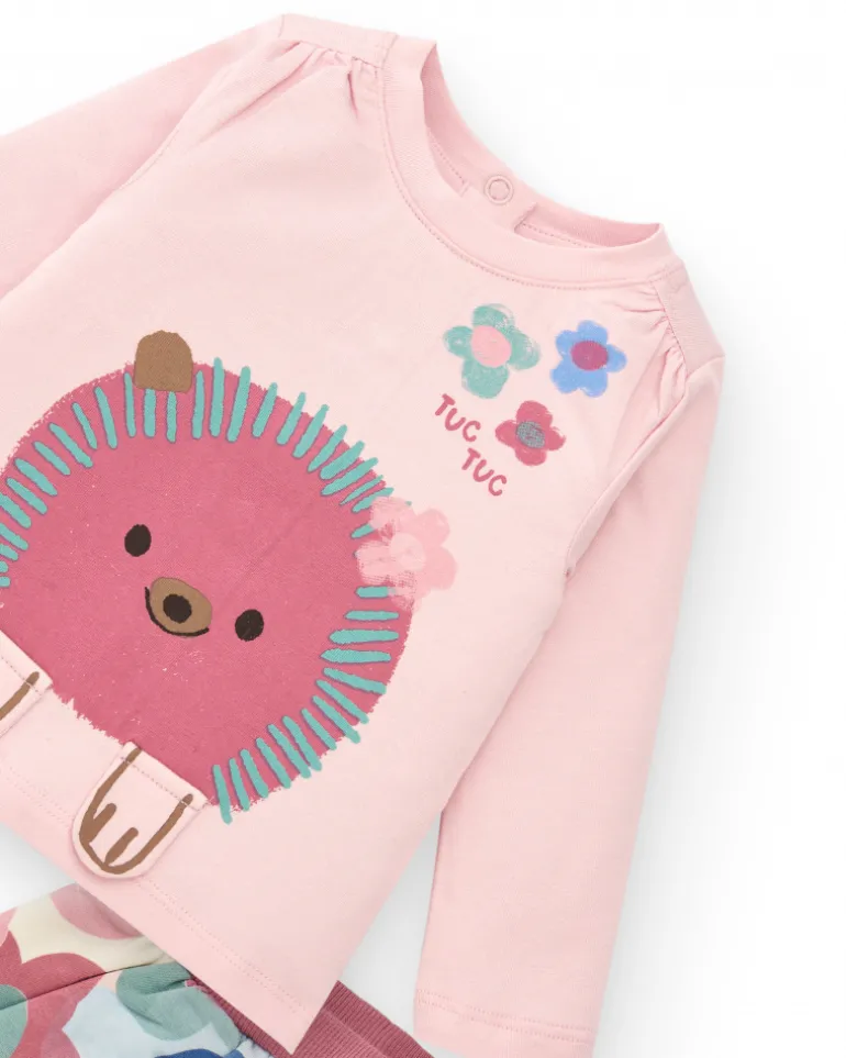 Ensemble t-shirt et jupe avec leggings fille rose imprimé hérisson et fleurs Collection Hedgehog Forest