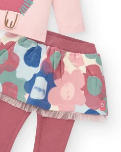 Ensemble t-shirt et jupe avec leggings fille rose imprimé hérisson et fleurs Collection Hedgehog Forest