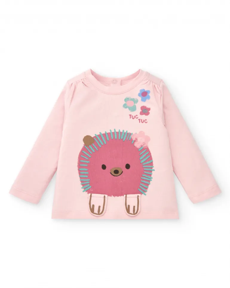 Ensemble t-shirt et jupe avec leggings fille rose imprimé hérisson et fleurs Collection Hedgehog Forest