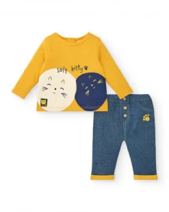Ensemble t-shirt et pantalon garçon jaune et bleu imprimé chatons, collection Lovely Kittens