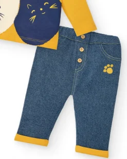 Ensemble t-shirt et pantalon garçon jaune et bleu imprimé chatons, collection Lovely Kittens