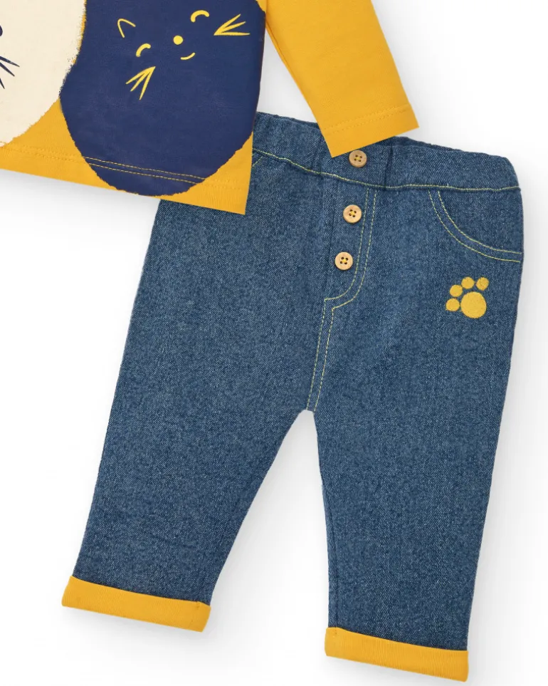 Ensemble t-shirt et pantalon garçon jaune et bleu imprimé chatons, collection Lovely Kittens