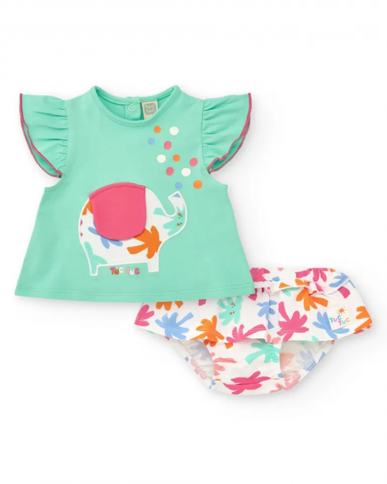 Ensemble vert pour fille avec t-shirt d'éléphant et culotte blanche avec feuilles tropicales