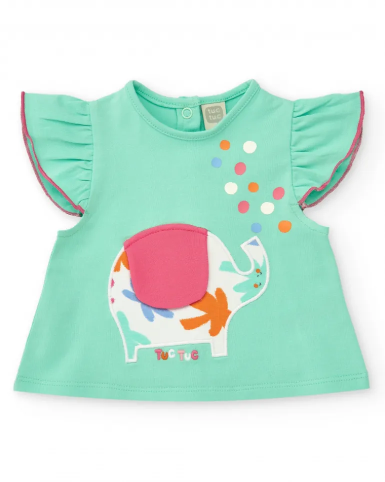 Ensemble vert pour fille avec t-shirt d'éléphant et culotte blanche avec feuilles tropicales