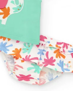 Ensemble vert pour fille avec t-shirt d'éléphant et culotte blanche avec feuilles tropicales