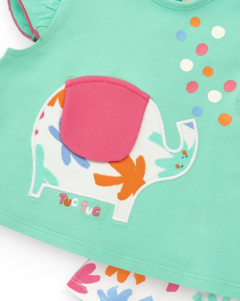 Ensemble vert pour fille avec t-shirt d'éléphant et culotte blanche avec feuilles tropicales