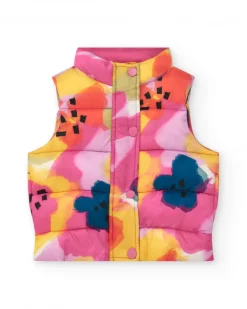 Gilet matelassé pour fille avec imprimé floral en rose, jaune et bleu