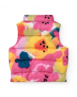 Gilet matelassé pour fille avec imprimé floral en rose, jaune et bleu