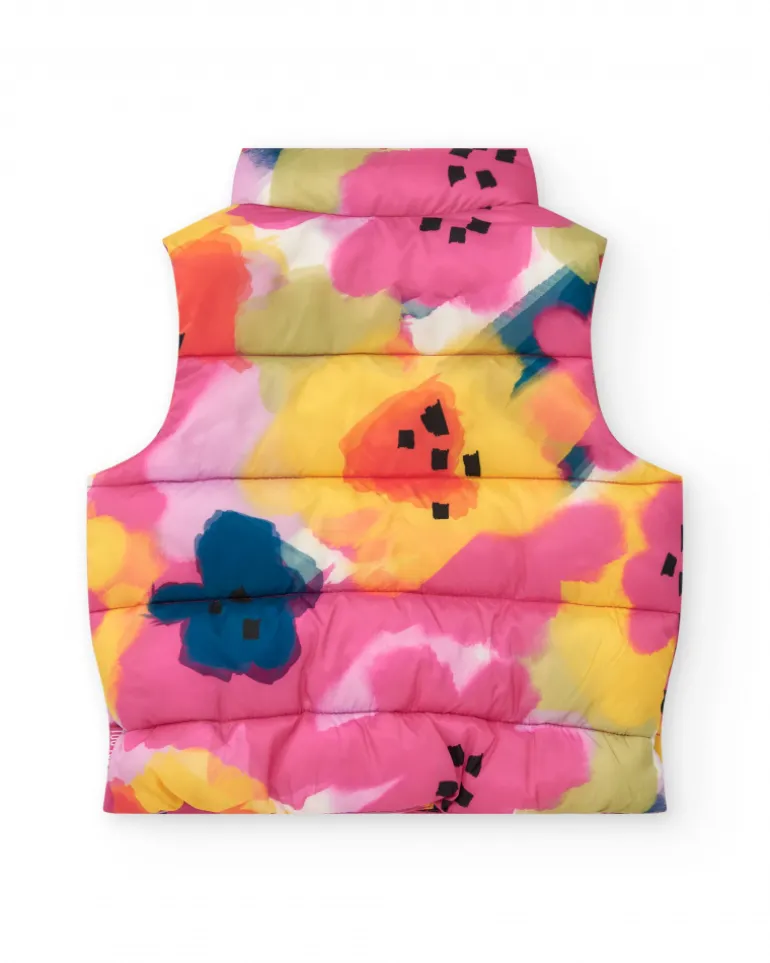 Gilet matelassé pour fille avec imprimé floral en rose, jaune et bleu