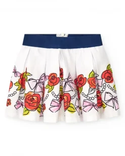 Jupe blanche pour fille avec imprimé floral et taille élastique bleu marine