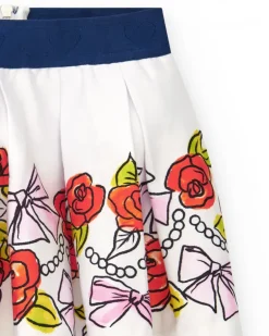 Jupe blanche pour fille avec imprimé floral et taille élastique bleu marine