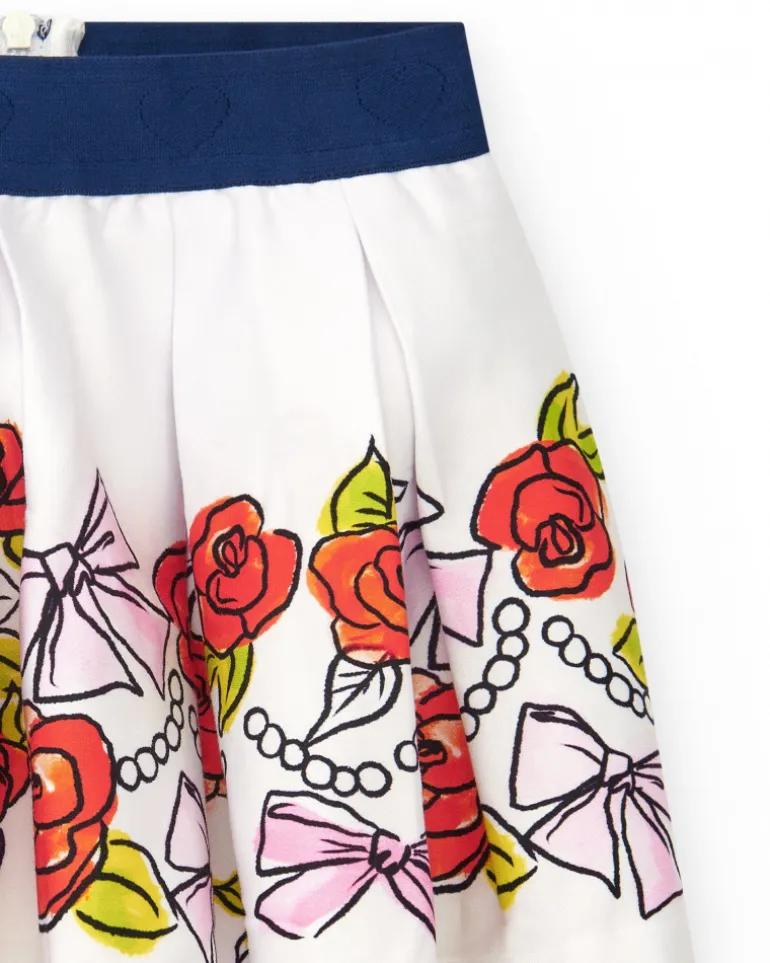Jupe blanche pour fille avec imprimé floral et taille élastique bleu marine