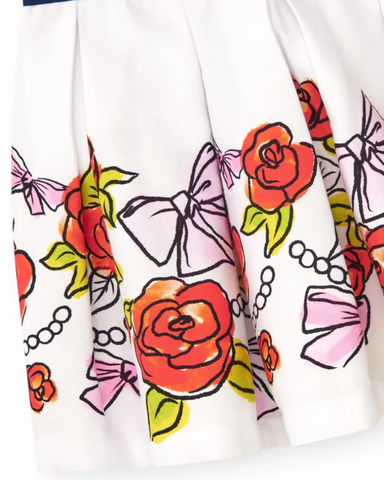 Jupe blanche pour fille avec imprimé floral et taille élastique bleu marine