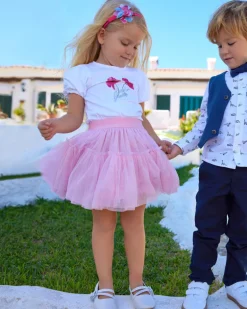 Jupe en tulle rose pour fille avec taille ornée de cœurs