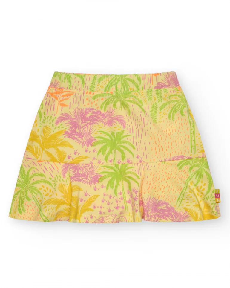 Jupe pour fille en jaune avec imprimé tropical et taille élastique.