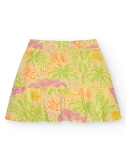 Jupe pour fille en jaune avec imprimé tropical et taille élastique.