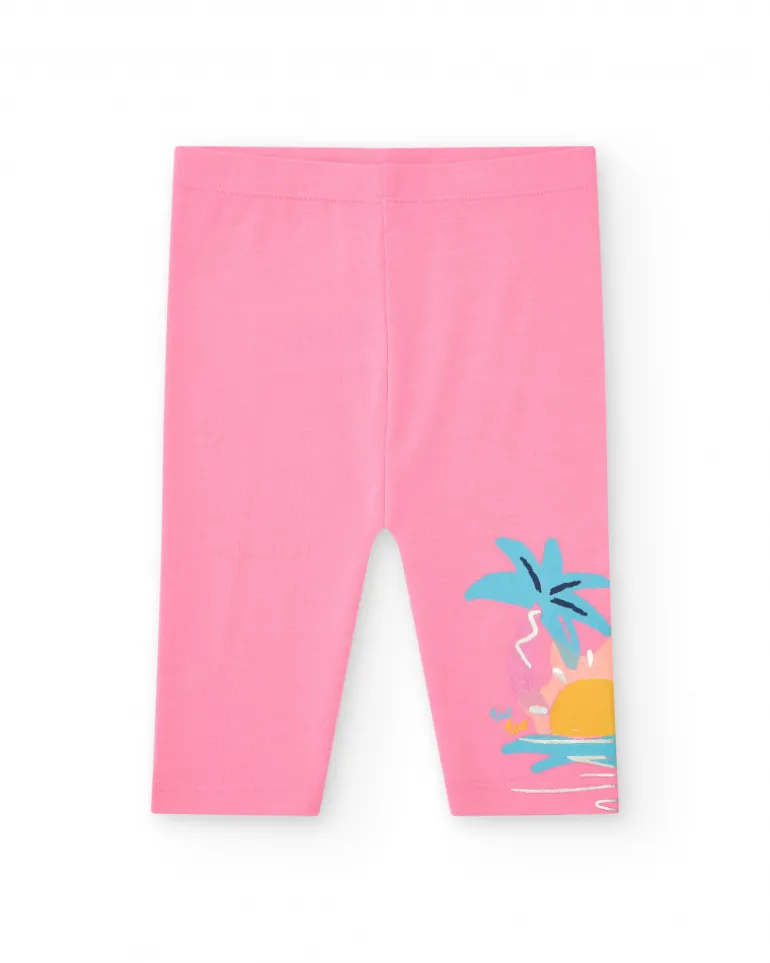 Legging corsaire rose pour fille avec palmiers et soleil sur le côté