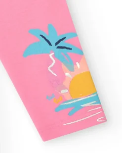 Legging corsaire rose pour fille avec palmiers et soleil sur le côté