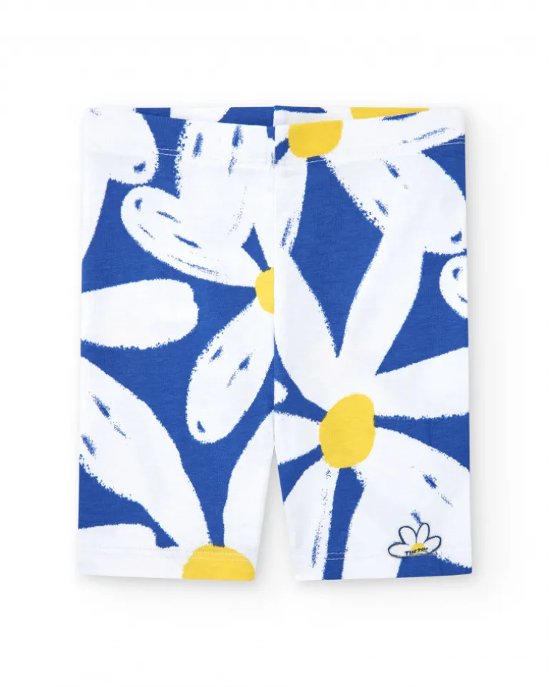 Legging cycliste blanc pour fille avec fleurs bleues et jaunes