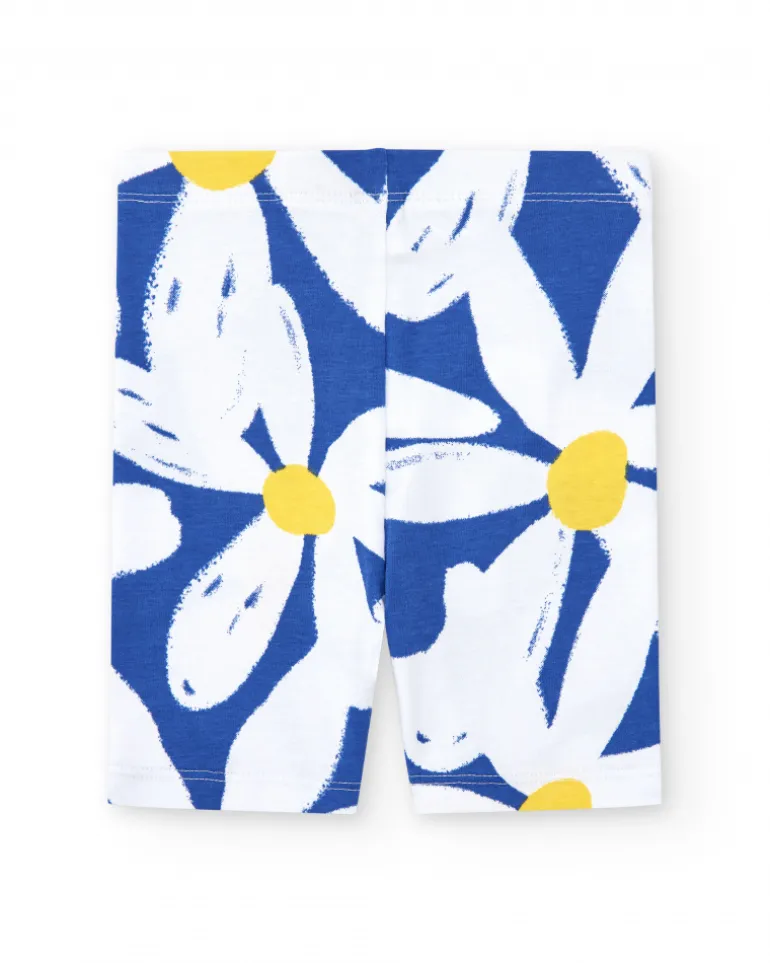 Legging cycliste blanc pour fille avec fleurs bleues et jaunes