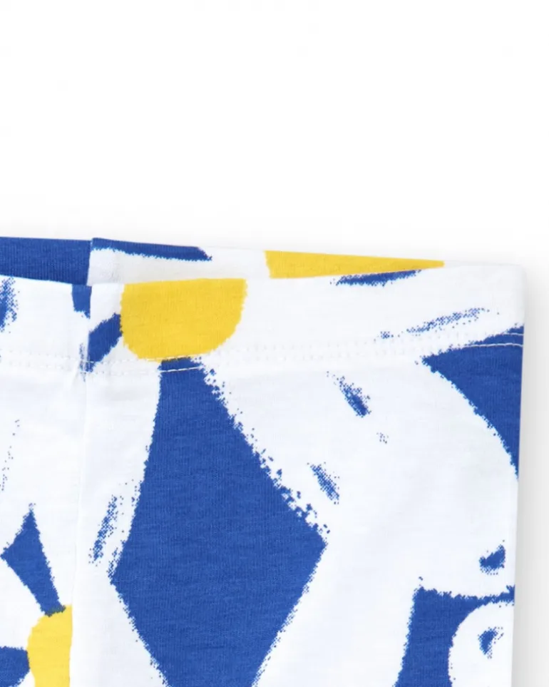 Legging cycliste blanc pour fille avec fleurs bleues et jaunes