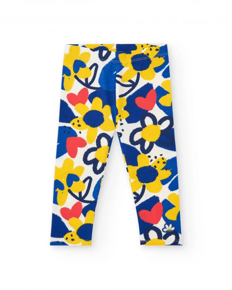 Leggings bleus pour fille avec fleurs et taille élastique